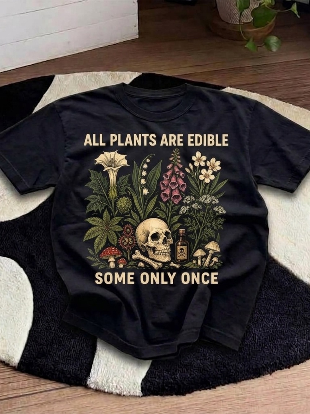 All Plants Are Edible Shirt, Dark Botanical Humor Graphic Tee — Black Unisex